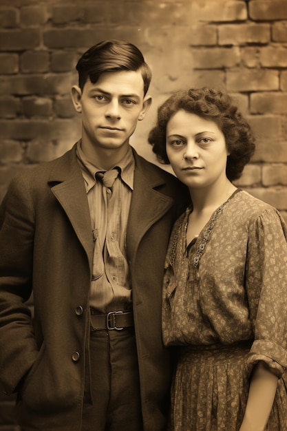 Free Photo front view beautiful couple posing vintage portrait