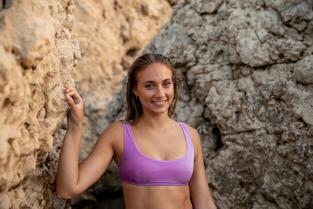 Front view of beautiful woman at beach