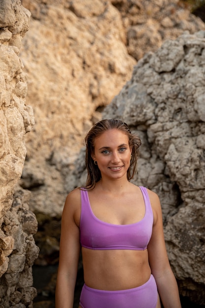 Front view of beautiful woman at beach