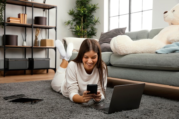 Front view of beautiful woman doing indoor activity