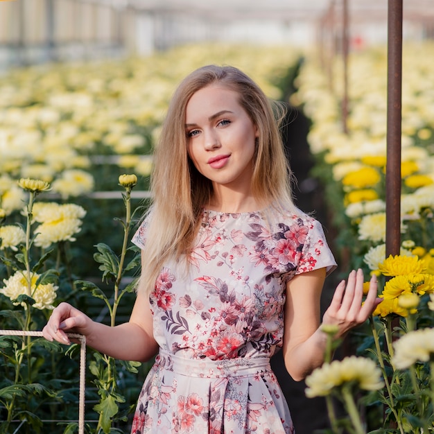 Front view beautiful woman in floral dress