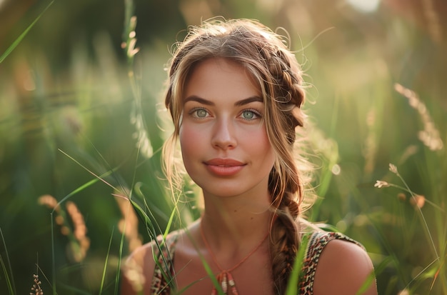 Free photo front view beautiful woman with braids