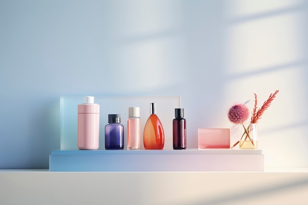 Free Photo front view of beauty products on shelf with copy space