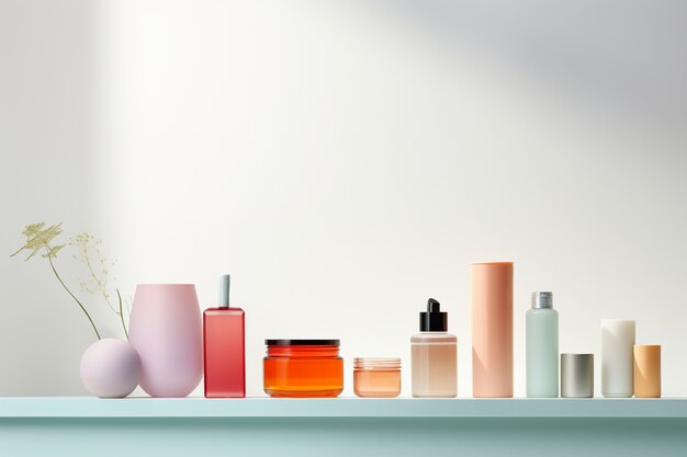 Front view of beauty products on shelf with copy space