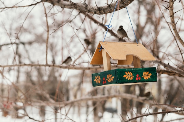 Free photo front view of birdhouse hanging on the tree outside in winter