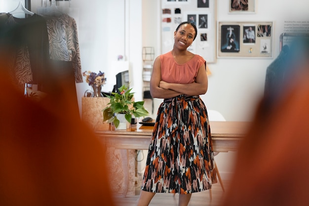 Front view black woman running a small business