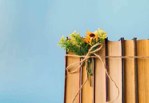 Front view book line with flowers