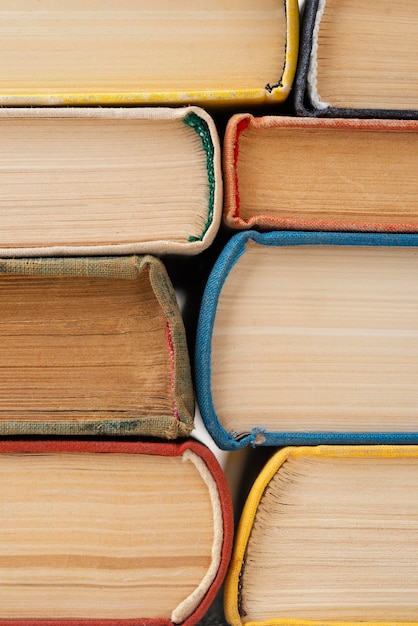 Front view of books stacked together