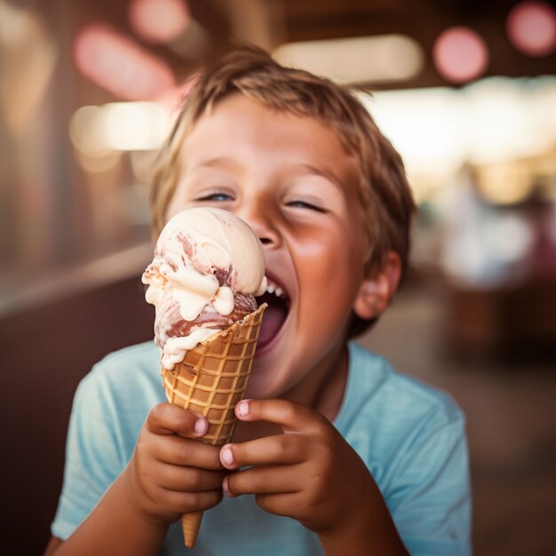 Front view boy eating ice cream