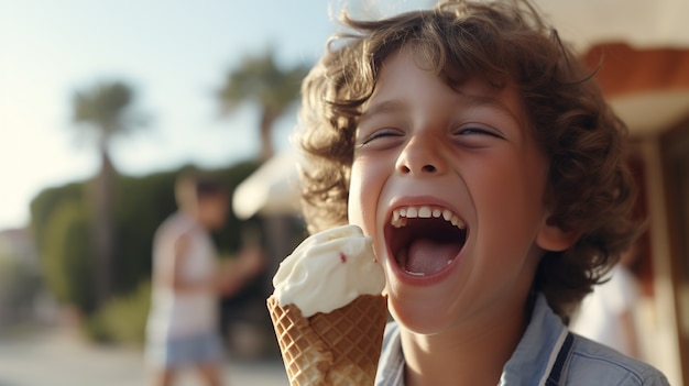 Free photo front view boy eating ice cream