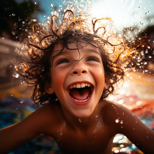 Free Photo front view boy having fun in water