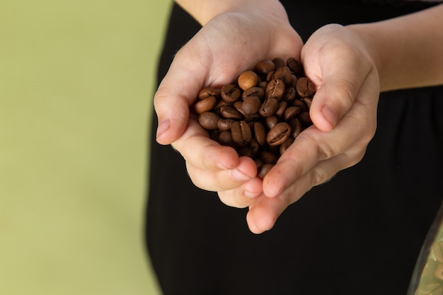 Free photo a front view boy holding fresh coffee seeds