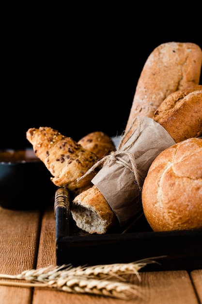 Front view of bread, croissants and baguette