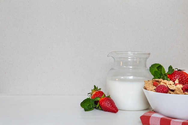 Free photo front view of breakfast cereals with milk and copy space