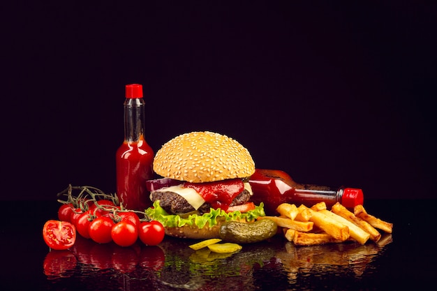 Front view burger with french fries