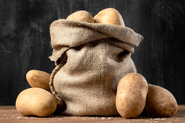 Front view of burlap sack with potatoes