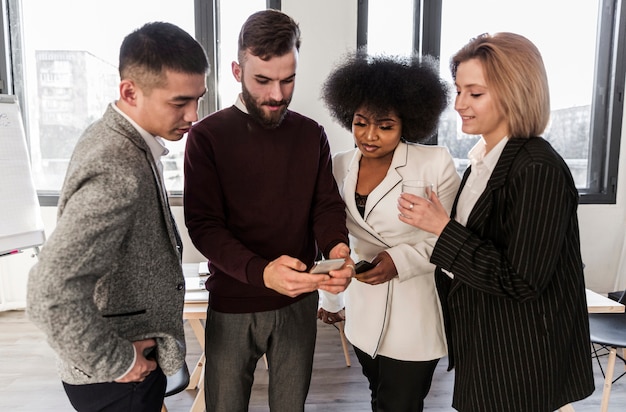 Free photo front view of business people talking