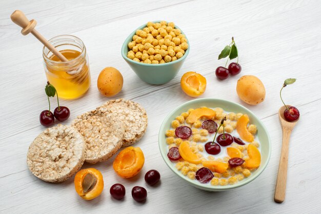 Front view cereals with milk inside plate with crackers fruits and honey on the white desk drink milk dairy creamery