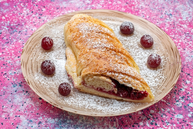 Front view of cherry pastry delicious and sweet sliced with fresh sour cherries inside plate