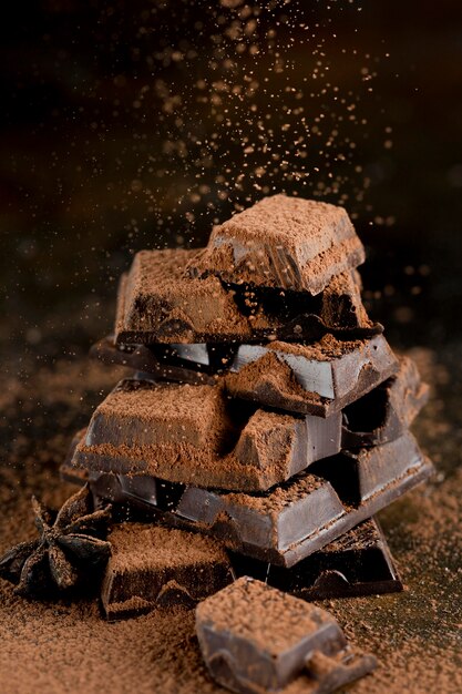 Front view of chocolate with cocoa powder