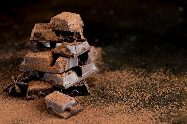 Front view of chocolate with cocoa powder