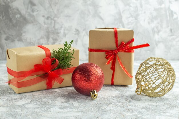 Front view christmas presents on a white background