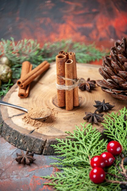 Front view cinnamon sticks cinnamon powders pinecone anises on wood board on dark