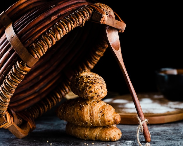 Front view of croissants and basket