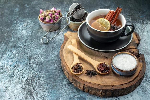 Front view cup of tea with fresh black tea on light background drink tea fruit water breakfast ceremony color photo