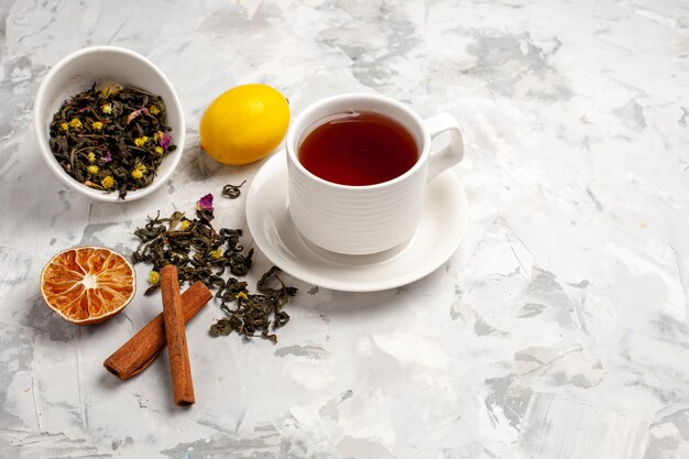 Front view cup of tea with lemon and cinnamon on white space