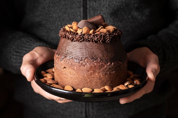 Front view of delicious chocolate cake concept