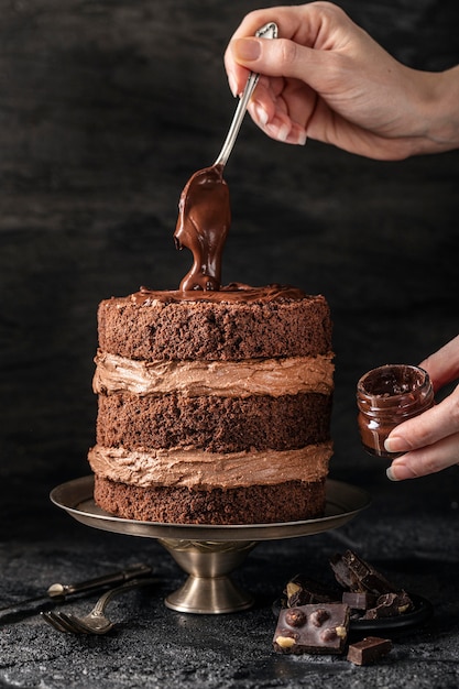 Free photo front view of delicious chocolate cake concept