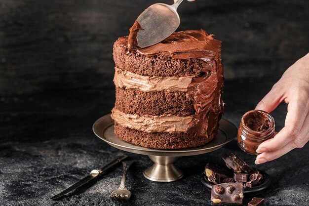 Front view of delicious chocolate cake concept