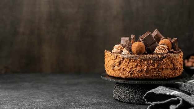 Front view of delicious chocolate cake on stand with copy space