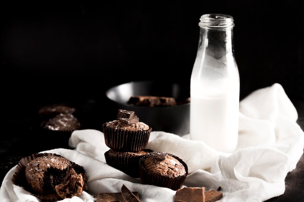 Front view of delicious chocolate muffin with copy space