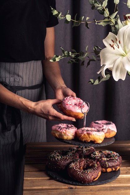 Front view of delicious donuts concept