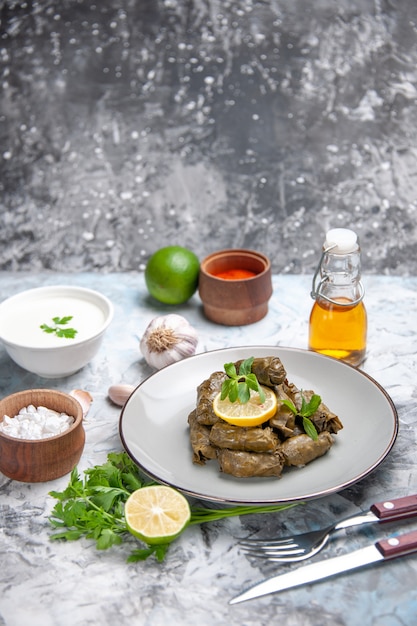 Free photo front view of delicious leaf dolma inside plate on white surface