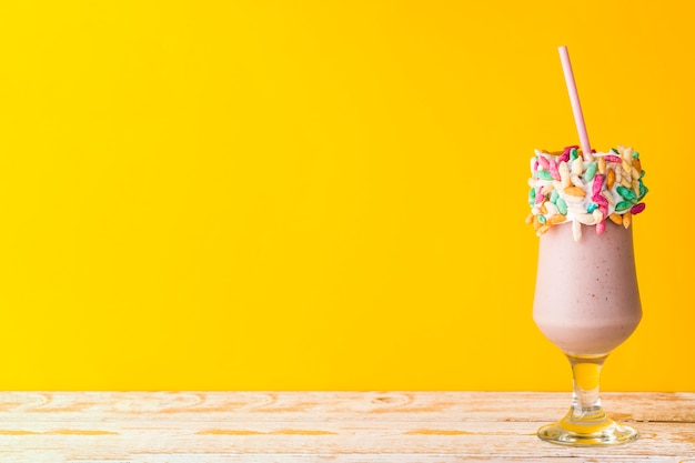 Free photo front view of delicious milkshake in yellow background