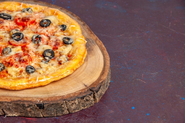 Front view delicious mushroom pizza cooked dough with cheese and olives on a dark surface meal pizza food dough italian