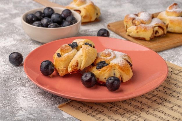 Front view delicious pastries with filling inside plate along with fresh blackthorns on the white table, sweet cake bake pastry