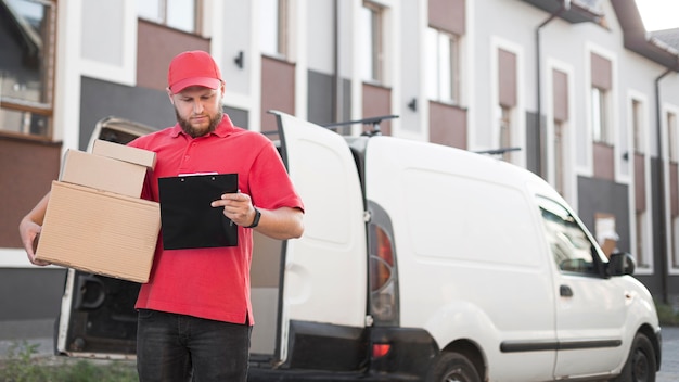 Free photo front view of delivery man with a package