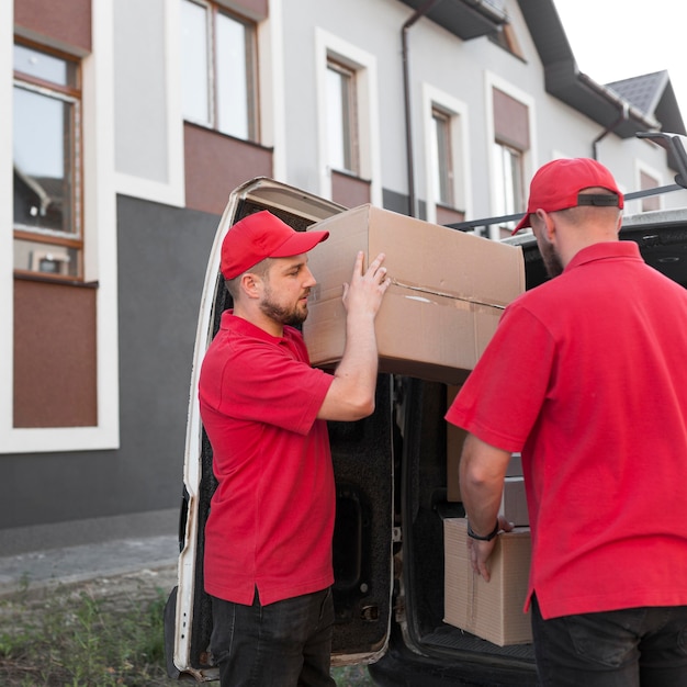 Front view of delivery men at job concept