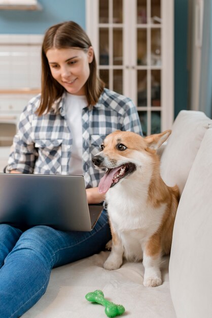 Front view of dog with toy and woman with laptop on couch