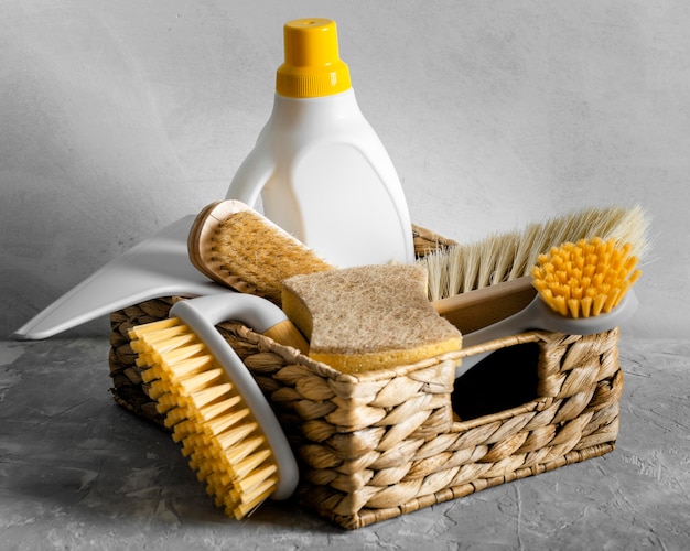 Free photo front view of eco-friendly cleaning brushes in basket