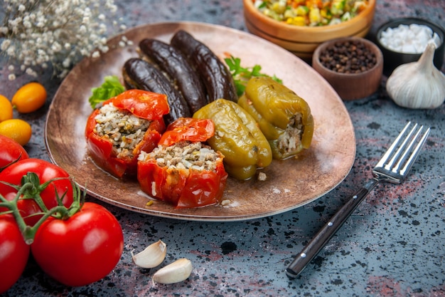 Free photo front view eggplant dolma with cooked tomatoes and bell-peppers filled with ground meat inside plate on blue background