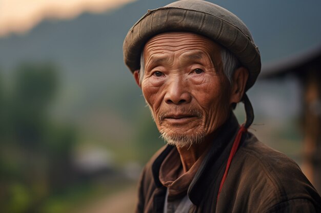 Front view elderly man with strong ethnic features