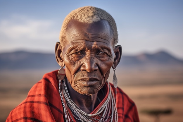 Front view elderly man with strong ethnic features