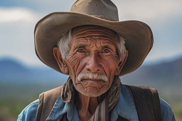 Front view elderly man with strong ethnic features