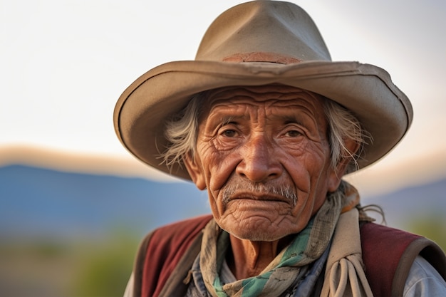 Front view elderly man with strong ethnic features