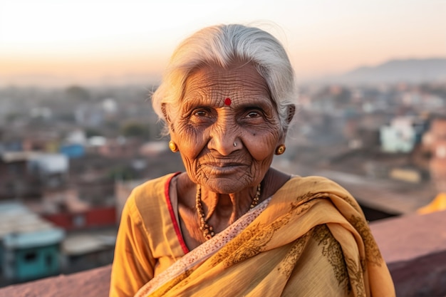 Front view elderly woman with strong ethnic features